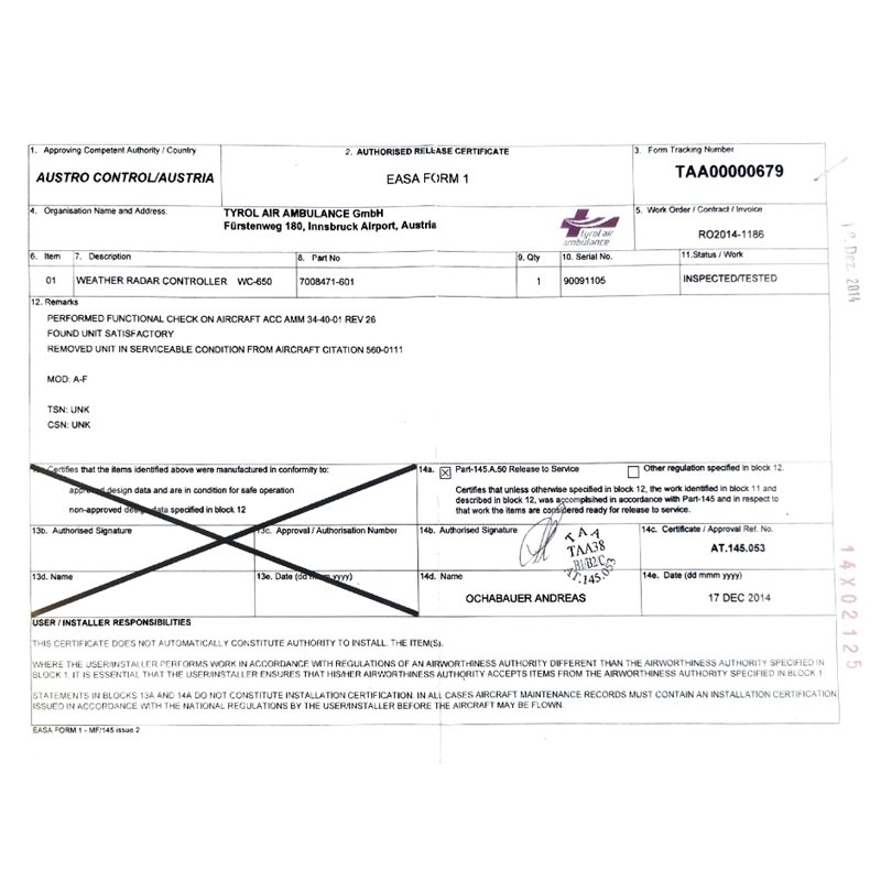 WC-650 Weather Radar Controller, 7008471-601