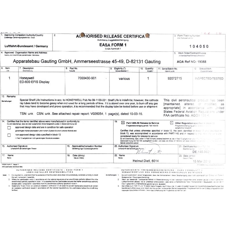 Honeywell ED-600 EFIS Display 7003430-901