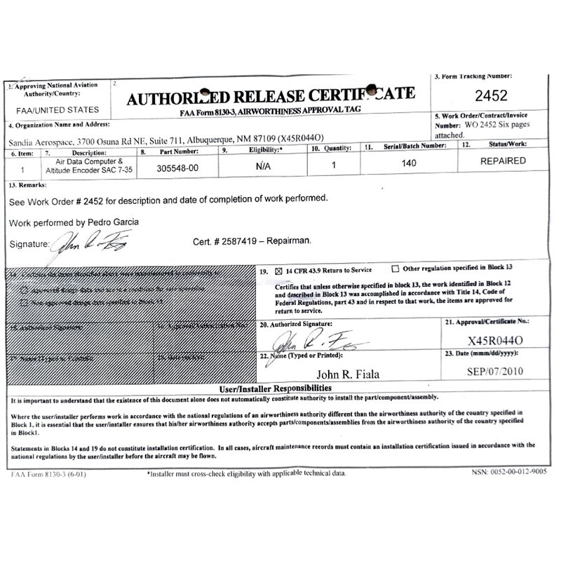 SAC 7-35 Air Data Computer& Altitude Encoder, 305548-00
