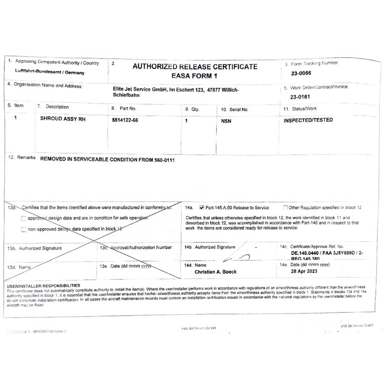 Cessna Citation Shroud assy RH 5514122-66