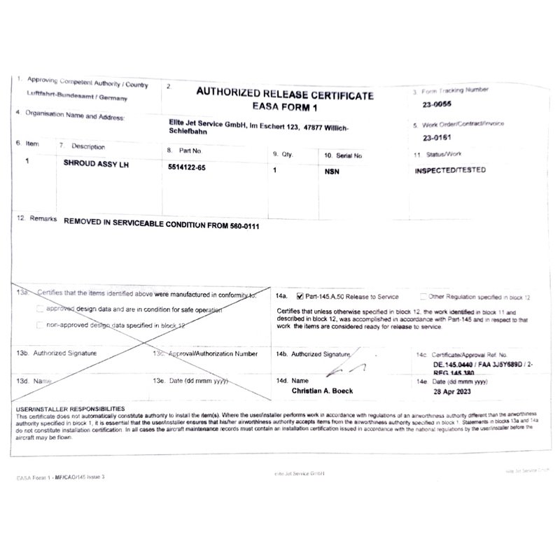 Cessna Citation Shroud assy LH 5514122-65
