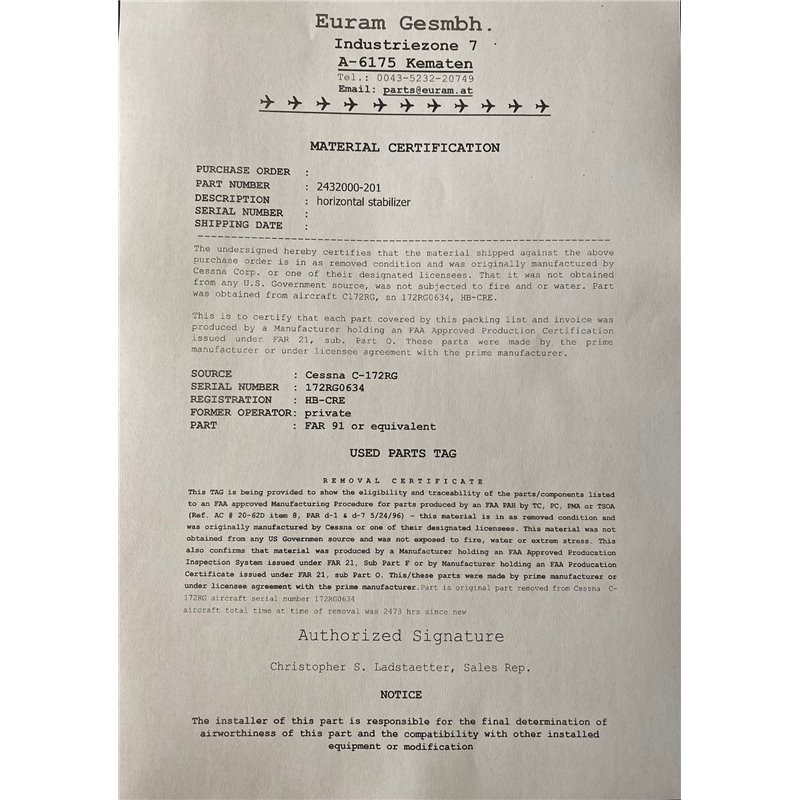 Horizontal stabalizer Cessna 172RG

PN: 2432000-201