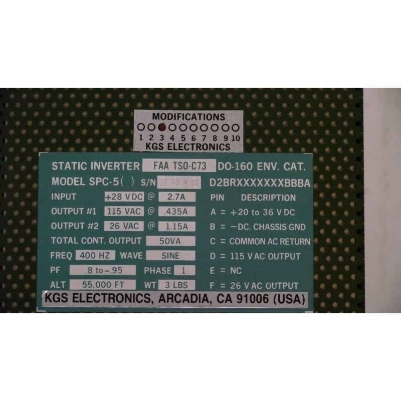 KGS Static Inverter SPC-5() +28VDC -> 115VAC or 26VAC